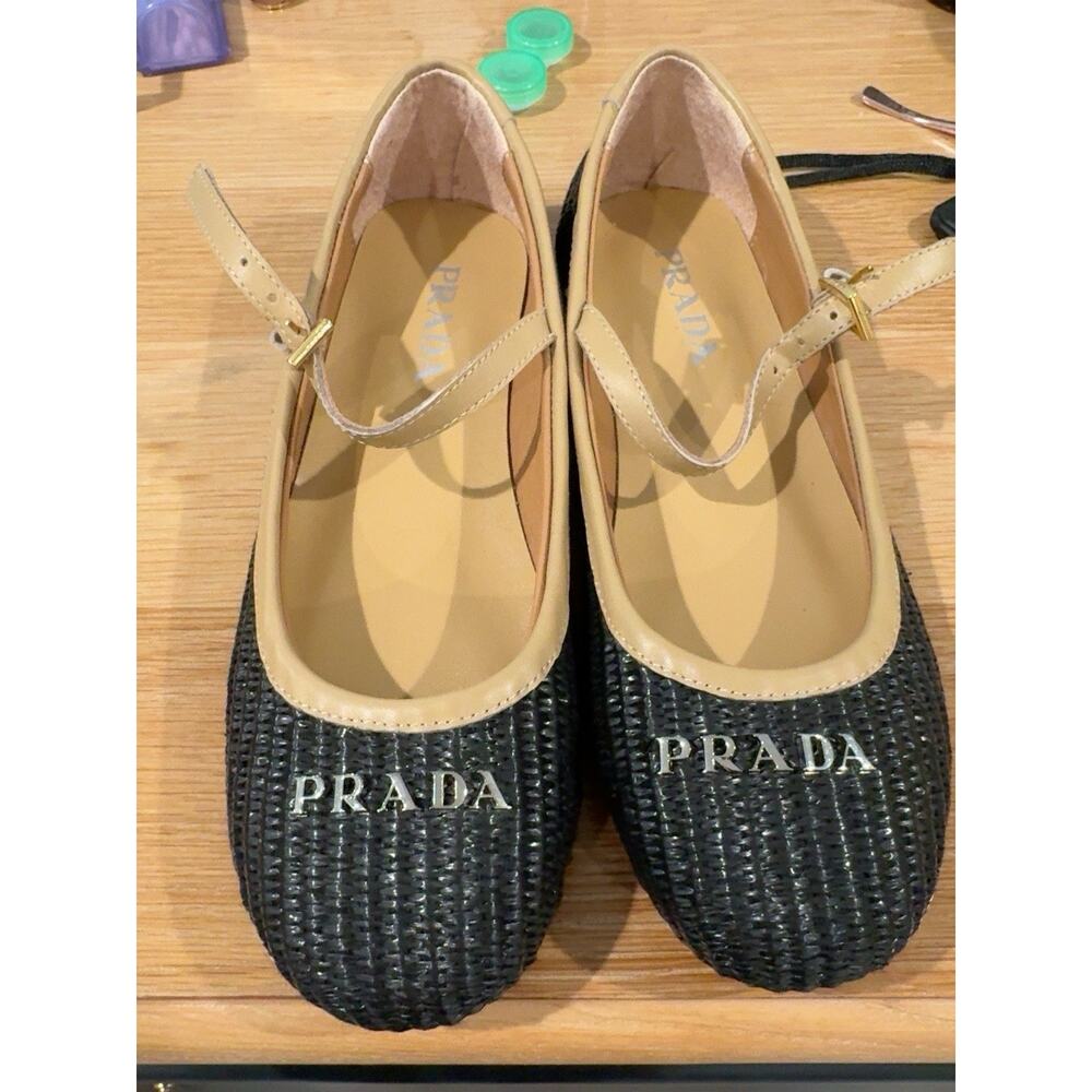 Prada Milano Woven Mary Jane Flats Black Tan Leather Size 38 Made in Italy New - Picture 11 of 16